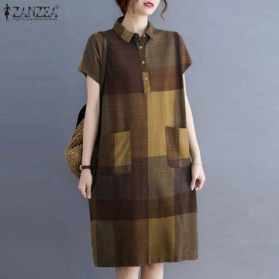 Damen Karo Kurzarm Umlegekragen Lässiges Lockeres Kleid