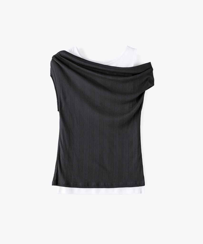 MONGDOL Double Layered One-Shoulder T-Shirt Charcoal Mdts093Charcoal