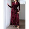 Elegant Plus Size Velvet Dress With Vertical Rose Print V-Neck Long Sleeve A-Line Floor Length Formal Gown