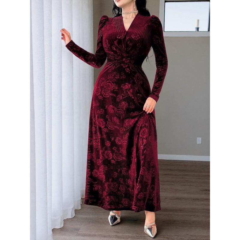 Elegant Plus Size Velvet Dress With Vertical Rose Print V-Neck Long Sleeve A-Line Floor Length Formal Gown