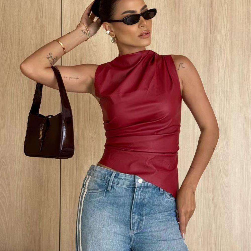 Sleeveless Leather Vest Wind Women's Clothing Leather Stand-up Collar Personalized Waist Irregular Hem Sleeveless Top