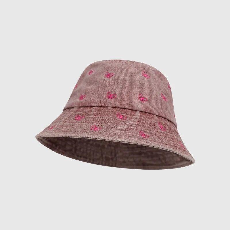 Korean Sweet Butterfly Embroidered Denim Fisherman Hat Women Wide Brim Show Face Small Spring Summer Sun Basin Bucket Hat