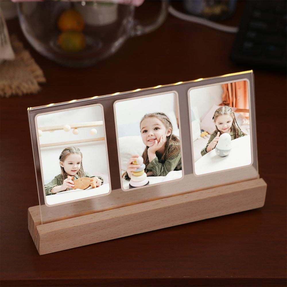 Clear Acrylic LED Light Photo Frame Wooden Base Tabletop Photo Display Rack  Table Top