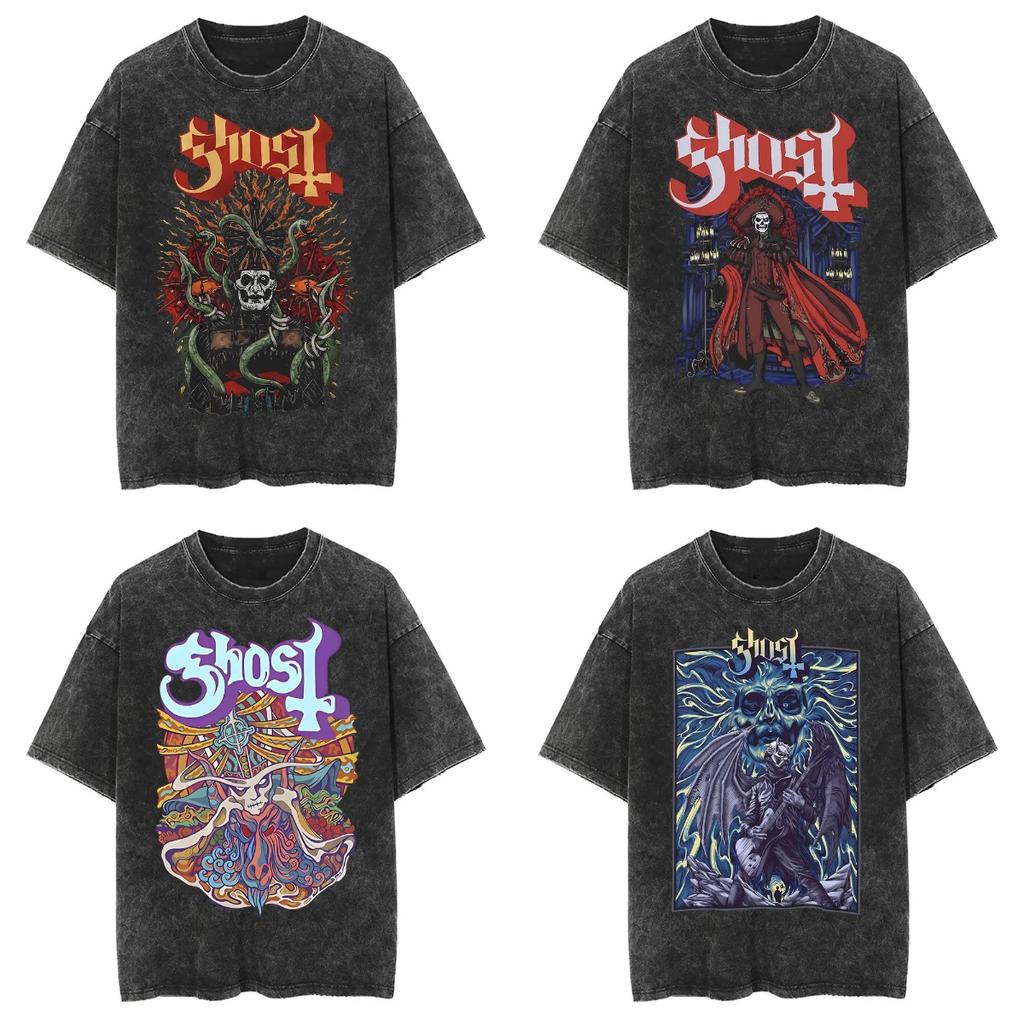Washed Vintage Ghost Band T-shirt Men's Women's Summer Oversized Tshirt Male 90s Gothic Streetwear Men Women Rock Metal Music T Shirts
