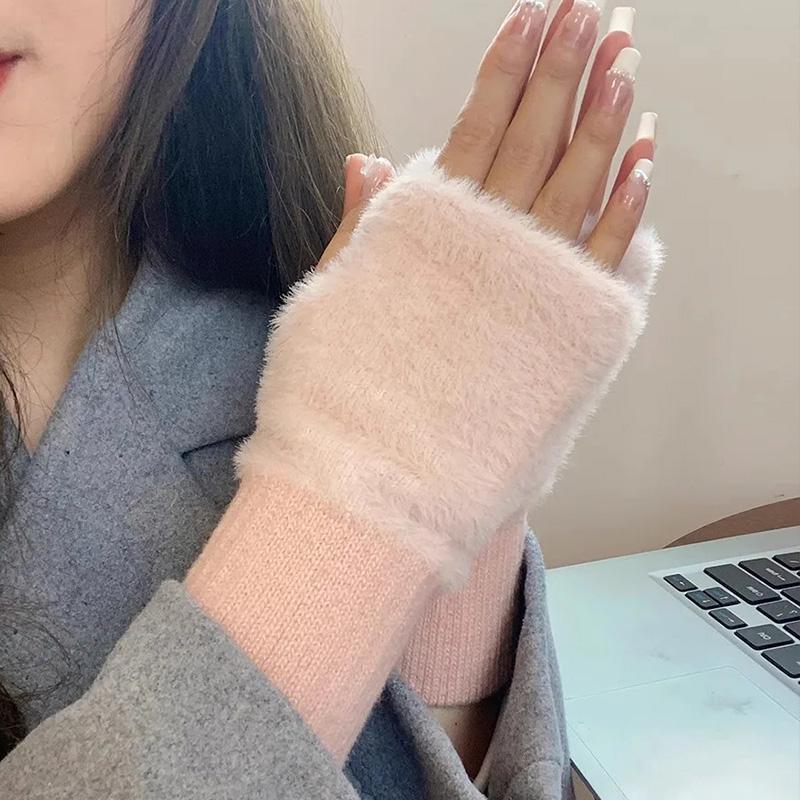 Women Fingerless Gloves Warm Luxury Solid White Plush Knitted Wrist Mittens Writting Soft Winter Half Finger Gloves