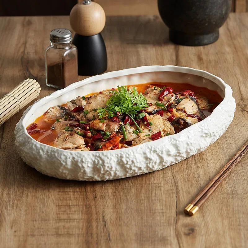 Beige Glazed Rock Patterned Ceramic Soup Plates, Tableware, Oval Fish Plates, Seafood and Sashimi Feast Plates, Kitchen Utensils