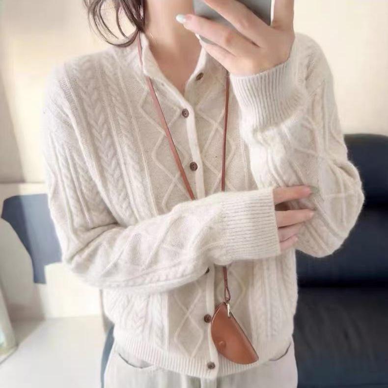 Women's 100% Pure Wool Half-High Collar Cable Knit Cardigan - Loose Long Sleeve Trendy Sweater for Autumn/Winter