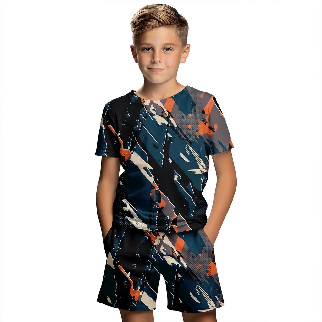 3D Printed Short Sleeved T-shirt Set for Boys and Girls, Children's Clothing Set, Shorts, 3D Printing, Casual, Summer