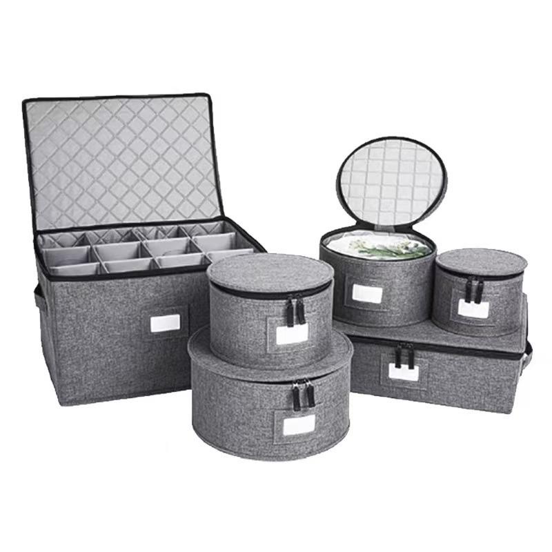 Round Dinner Plate Storage Box with Lid - Dustproof Fabric Bin with Needle-Punched Cotton