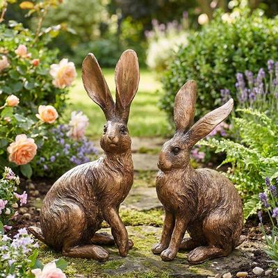 Aged Antique Bronze Long-Eared Rabbit Ornament for Garden and Photos