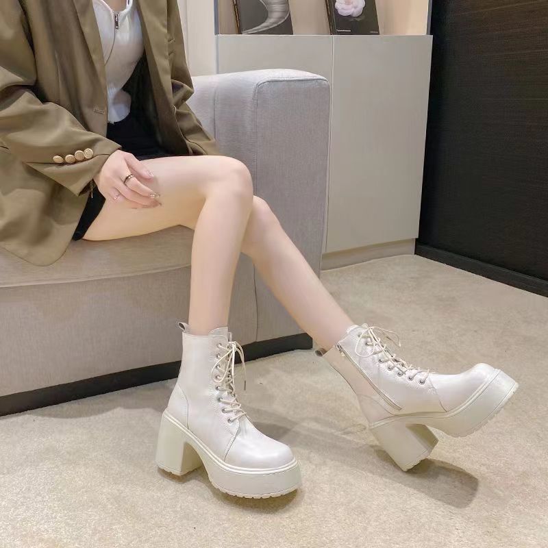 Fashion Round Toe Platform Female Short Shoes Leather Lace-up Booties Very High Heels Women's Ankle Boots Goth Designer Luxury Footwear