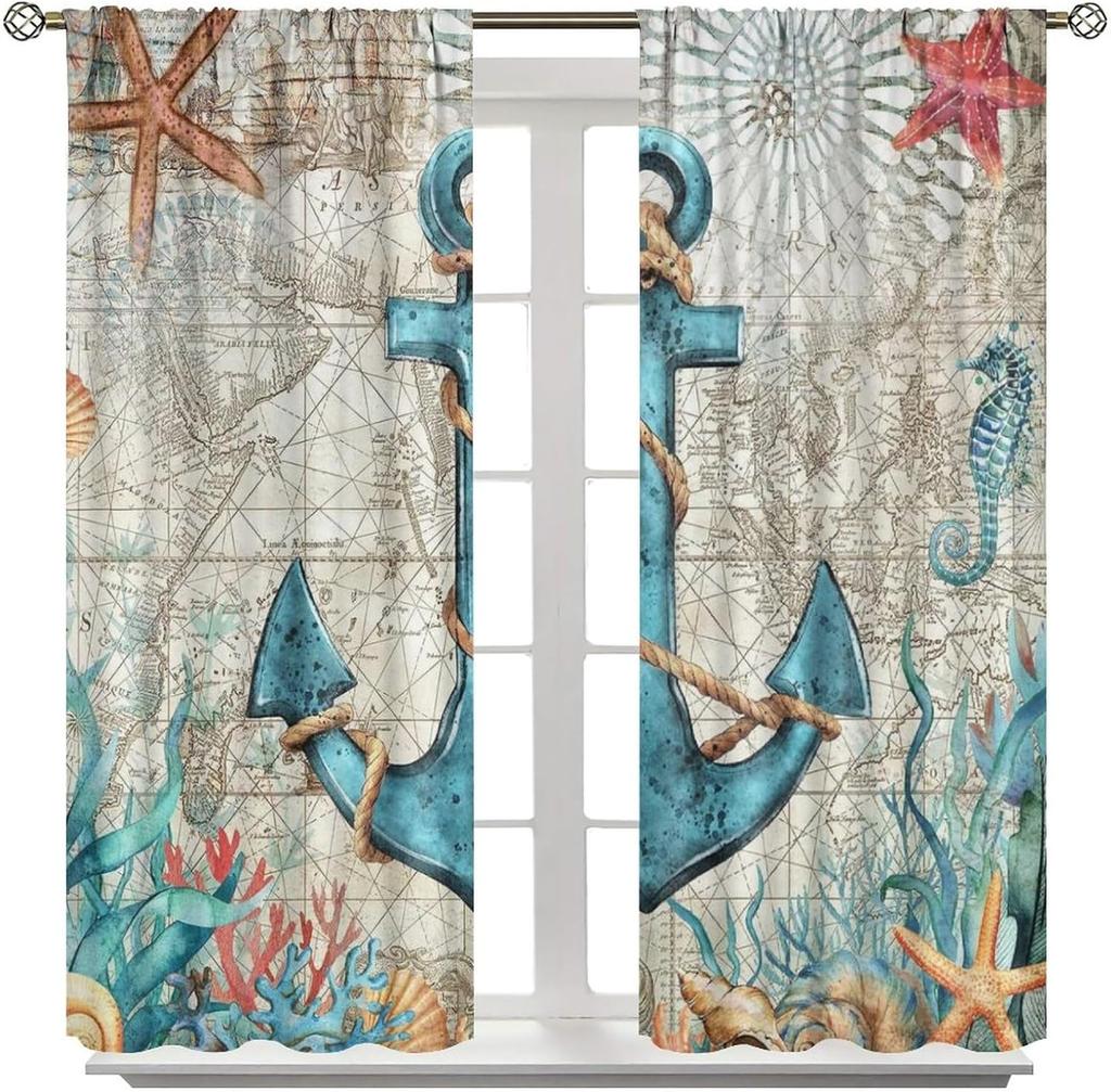 Octopus Curtains Ocean Animal Coral Nautical Map Starfish Sealifes Beach Theme Pattern Window Drapes Bedroom Kitch Curtain For Sleeping Area Polyester