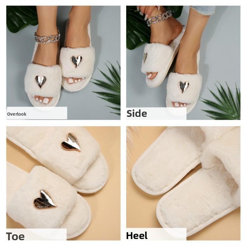 Új bolyhos papucsok, Szív alakú divatos lapos papucsok nőknek, Otthoni stílusú alkalmi nyúlszőr pamut papucsok nőknek