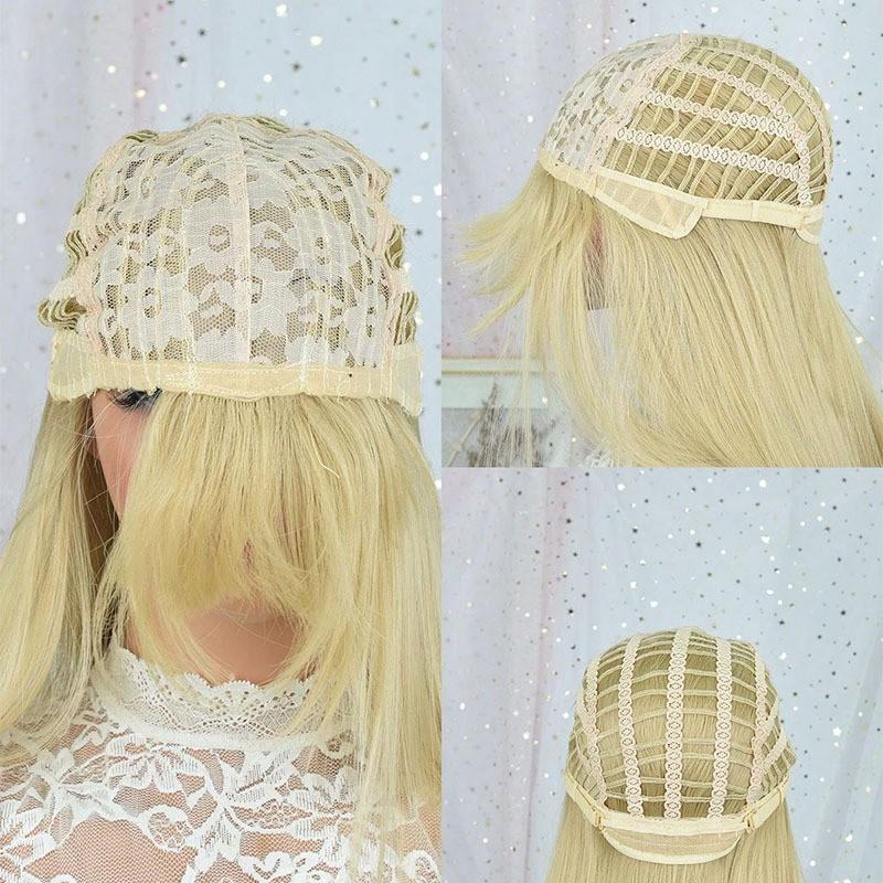 Womens Full Wig Long Straight Golden Hair With Natural Bangs Heat-Resistant Synthetic Hairpiece Daily Wear
