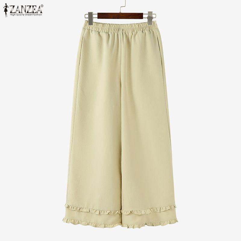 ZANZEA Damen Lässige Elastische Taille Lockere Cropped Hose