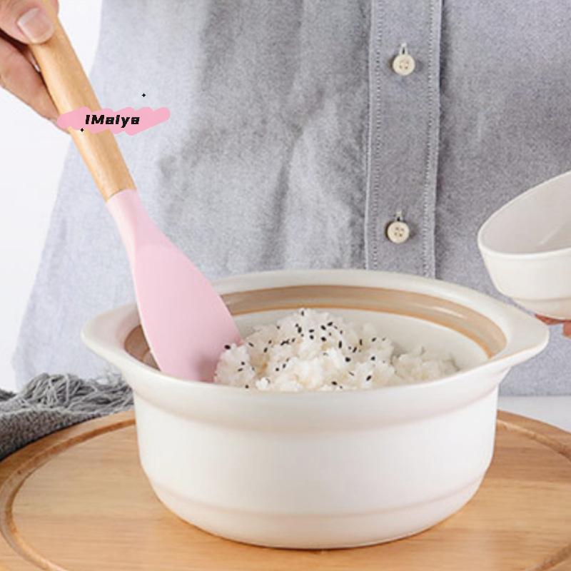 1Pc Silica Gel Cooking Utensil Scoop with Beech Wood Handle Salad Agitator Pot Scoop for Home Kitchen