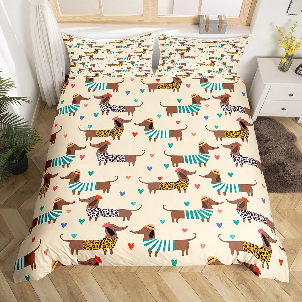 Cute Cartoon Dachshund King Queen Full Duvet Cover Pet Dog Bedding Set Lovely Animal Puppy Comforter Cover Polyester Quilt Cover