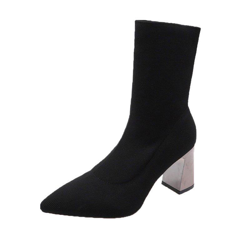 Women s 2024 Winter Flyknit Pointed-Toe Chunky Heel Mid-Calf Slip-On Boots 35 чёрный