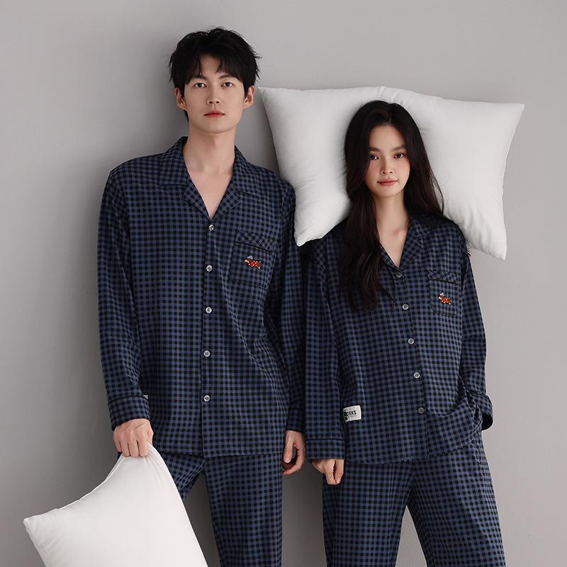 Couple's Plaid Cotton Pajamas Set: Women's Long Sleeve & Pants with Turn-Down Collar