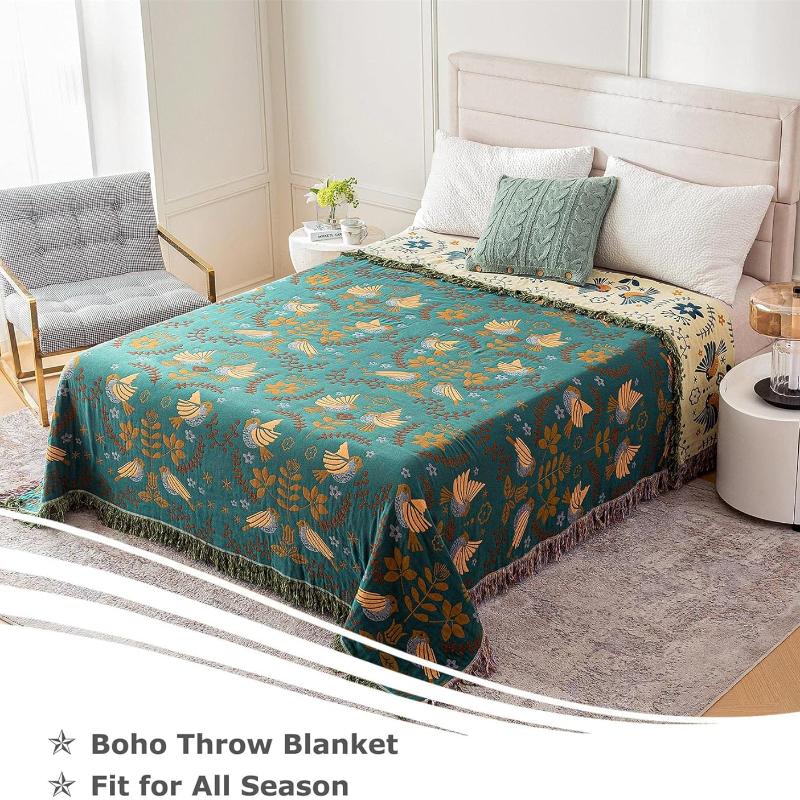 Manta bohemia para cama, 100 % algodón, ultra suave, con estampado floral de pájaros, manta grande para cama, manta rústica para todas las estaciones para sofá, sillón
