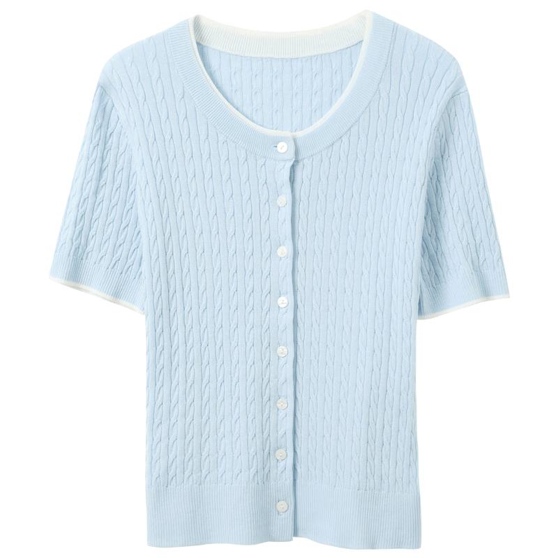 Round Neck Lyocell Cable Knit Short Sleeve Cardigan M