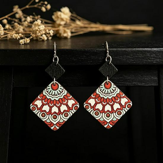 Western Wind Ethnic Wood Geometric Diamond Pattern Double-Sided Earrings