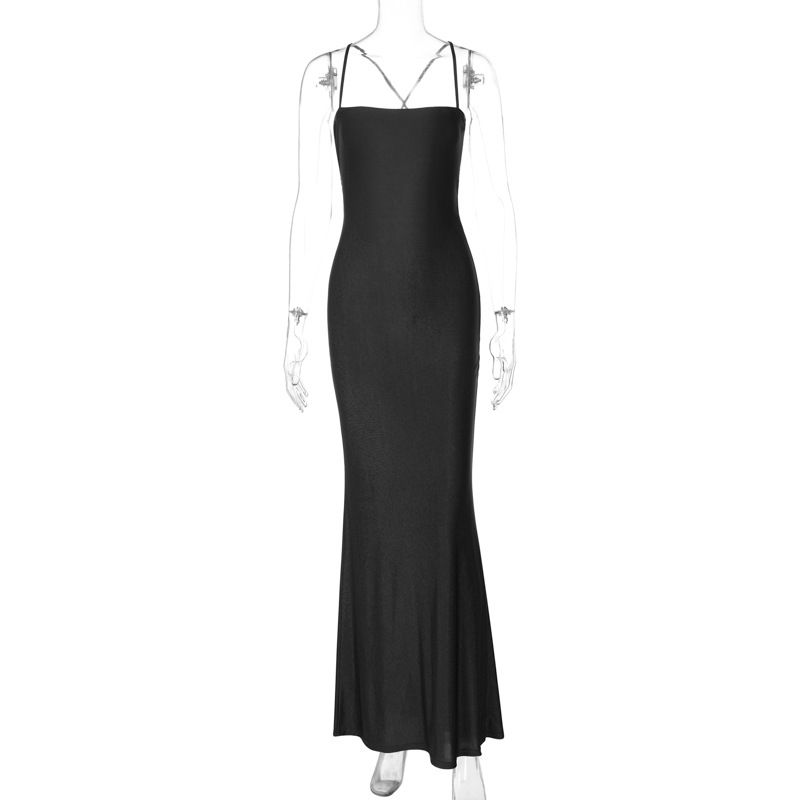 

Fashion Style Sexy Slim Fit Stretch Fishtail Dress Pure Color Flat Mouth Open Back Shoelace Slim Looking Dress Women Black S