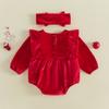 Citgeett Autumn Infant Baby Girl Fall Bodysuit Solid Color Velvet Crew Neck Jumpsuit Headband Casual Clothes