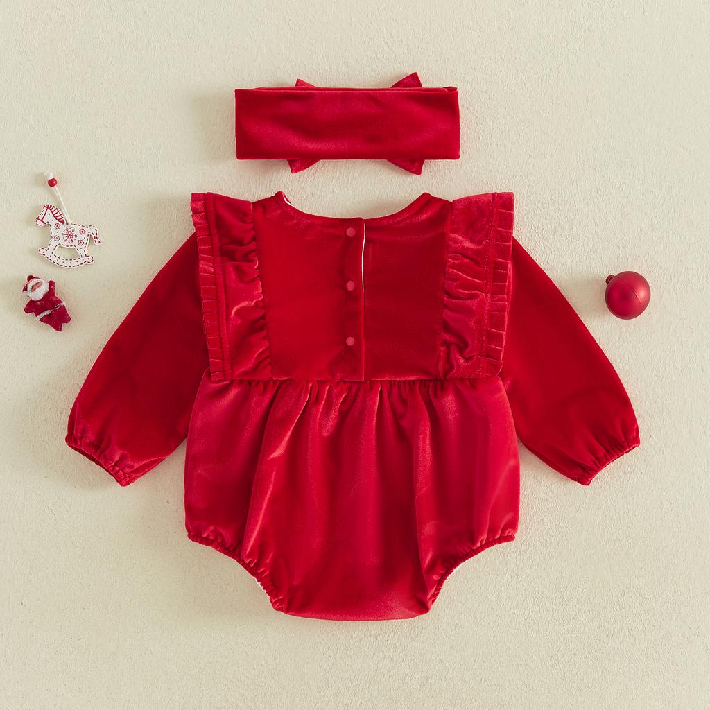 Citgeett Autumn Infant Baby Girl Fall Bodysuit Solid Color Velvet Crew Neck Jumpsuit Headband Casual Clothes