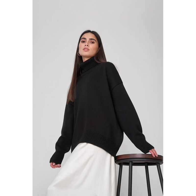 New Arrival Fall and Winter Plaid Loose All-Matching Graceful Pullover Turtleneck Sweater Turtleneck Loose Sweater