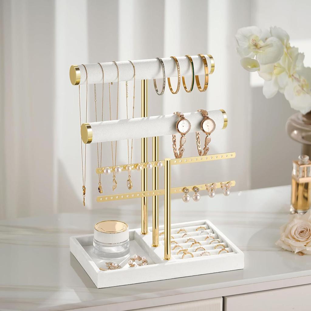 Space Saving T Shaped Jewelry Display Stand with Detachable Layers Metal and Wood Construction for Earrings Rings