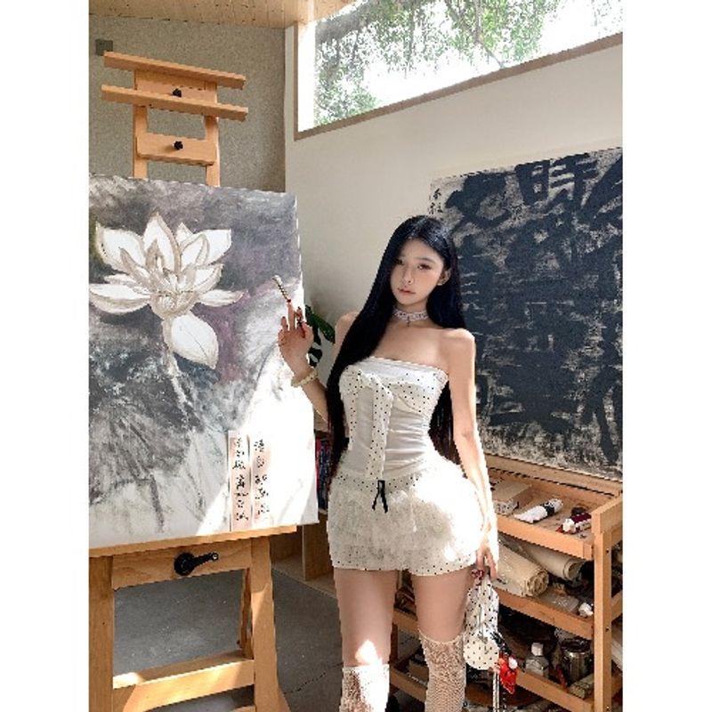 

Kumikumi Sweet Gyaru Set Polka Dot Lace-up Tube Top Vest Women Summer Lace Casual Pants Shorts Two-piece Set Chest L