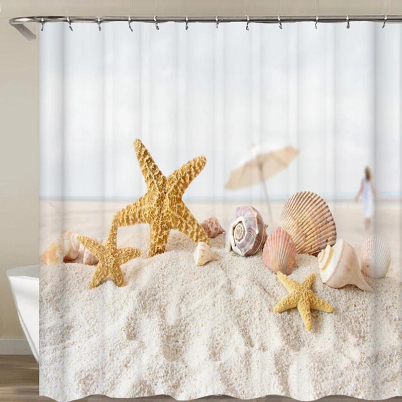Dunika Chen Bath Curtain Sea Beach Shell Starfish Shower Curtains 180*180Cm Waterproof Bathroom Home Washable Fabric Bath Screen 12 Hooks