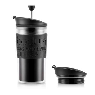 BODUM TRAVEL PRESS SET Reisepressen-Set French Press Kaffeemaschine (mit Deckel für Becher) Kunststoff 350ml Schwarz [Original Produkt] K11102-01