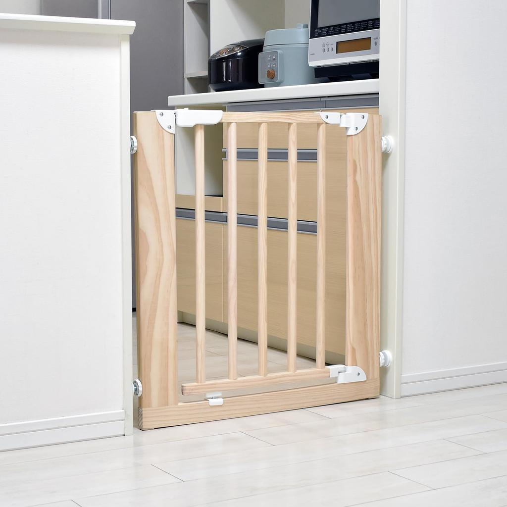 JTC BABY Wooden Natural Gate, White, Baby Gate, Installation Width 75-85cm, Tension Type, Auto-Close, Door Opening, Double Lock
