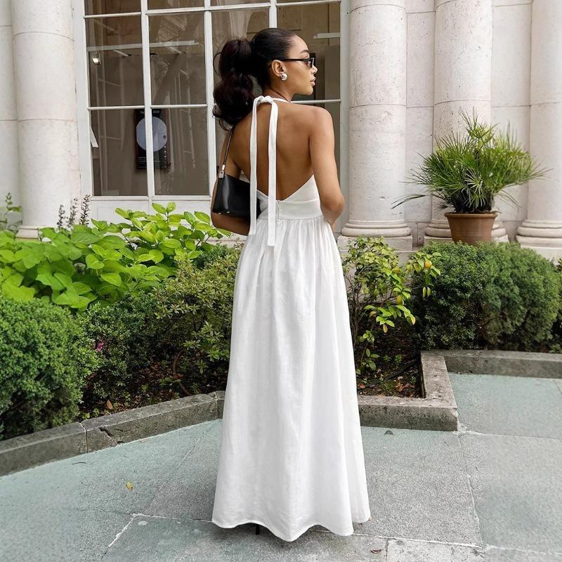 Women's Halter V Neck Maxi Dress Sleeveless Open Back Flowy Elegant Summer Long Dress