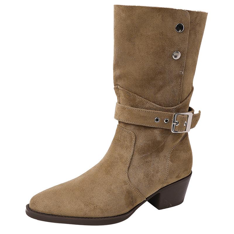 Retro round head belt buckle medium boots thick heel 2025 autumn and winter new thick sole, thin and high western cowboy boots casual