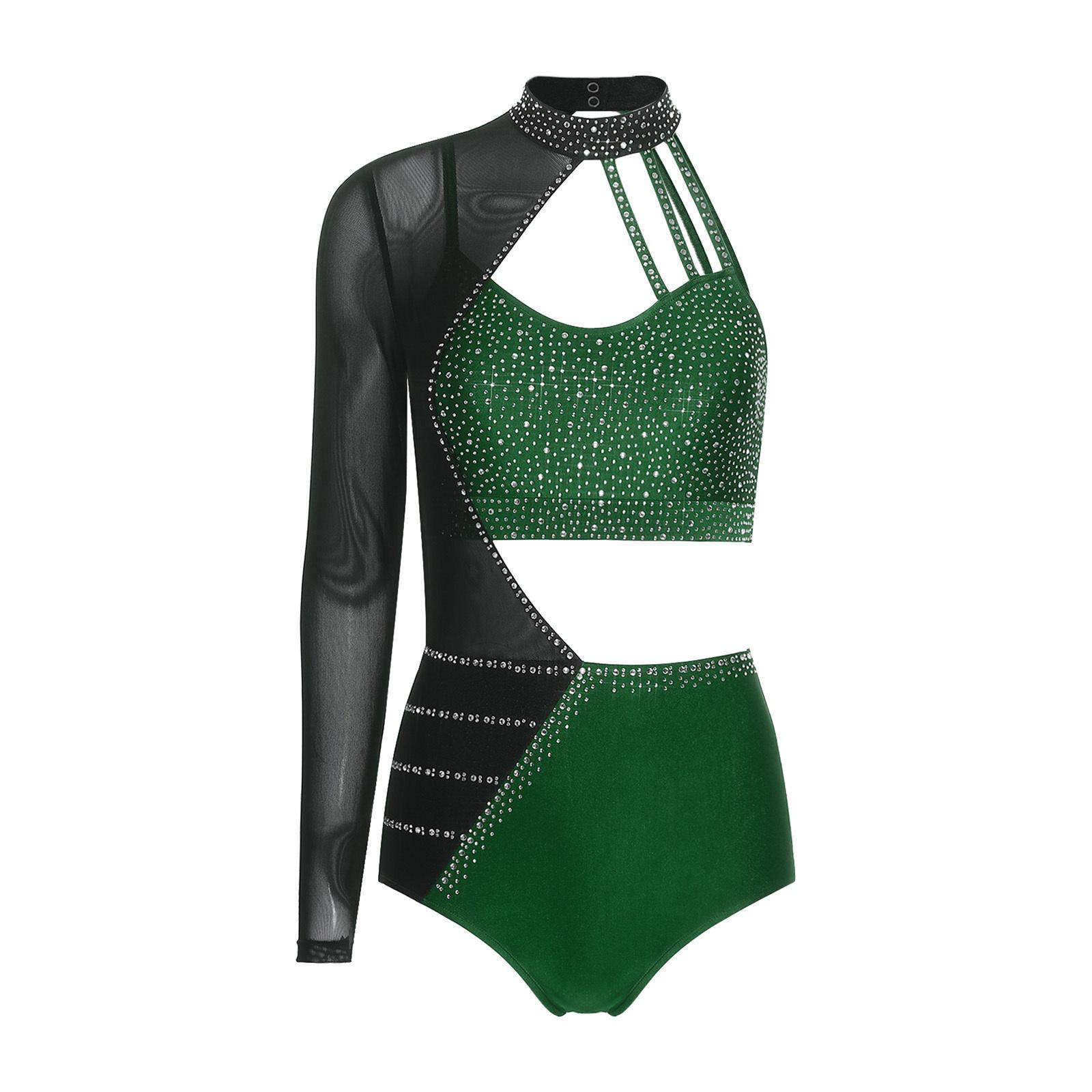 

Womens Gymnastics Leotard Bodysuit Rhinestone Color Blocking Asymmetrical Hollow Out Jumpsuit S темно-зелений колір