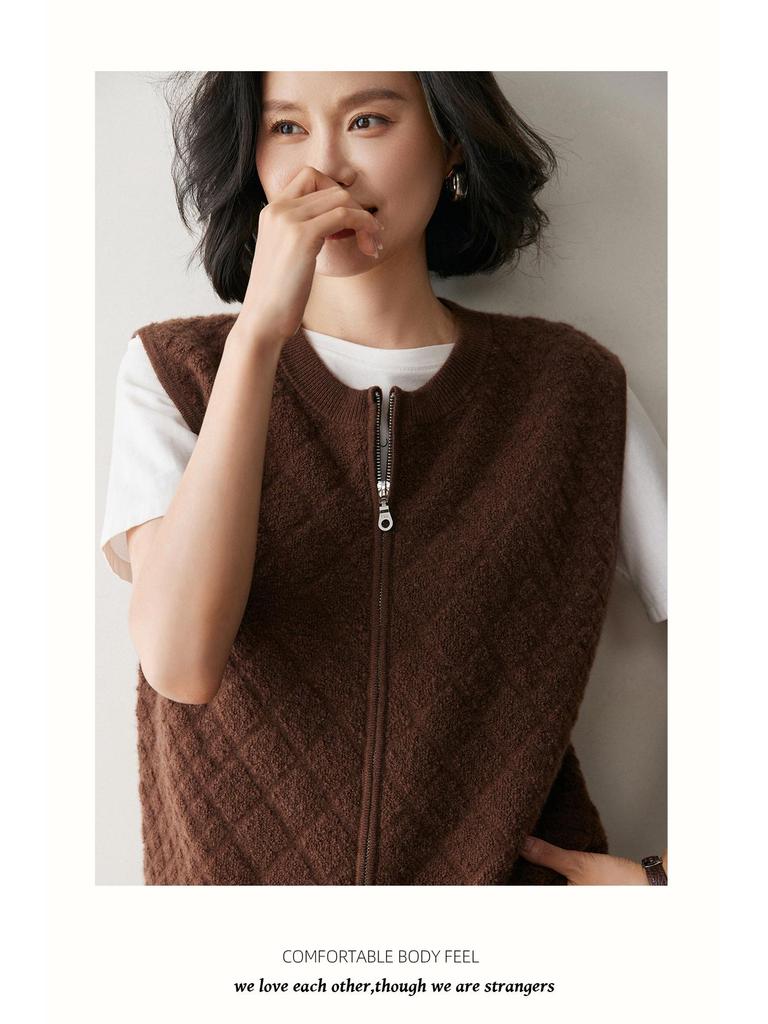 Women's Diamond Knit Cashmere Zipper Cardigan Vest - Loose, Thickened for 2025 Autumn/Winter