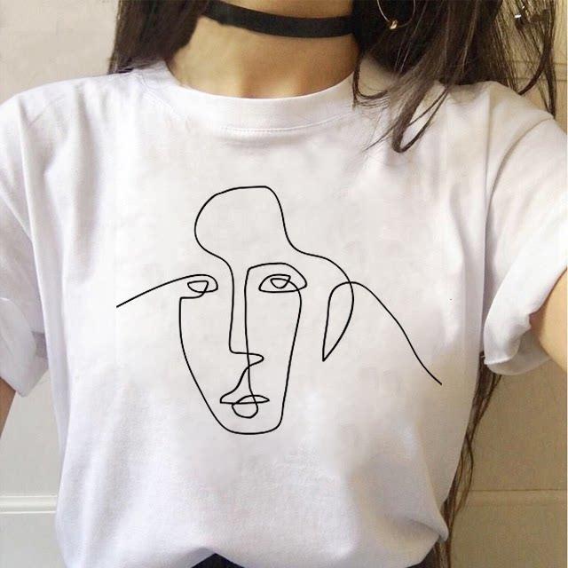 Minimalist Art Line Face European and American Pure Cotton Printed Unisexs and Womens Fashion Tshirt New Personalized Tshirt