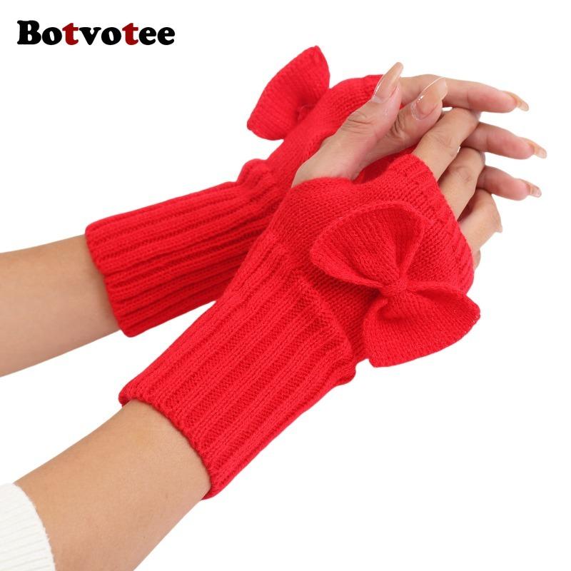 Botvotee Bow Arm Warmers Y2k Accessories Sleeves for Women Burgundy Sleeves Warm Winter Knit Soft Arm Guard Fingerless Gloves
