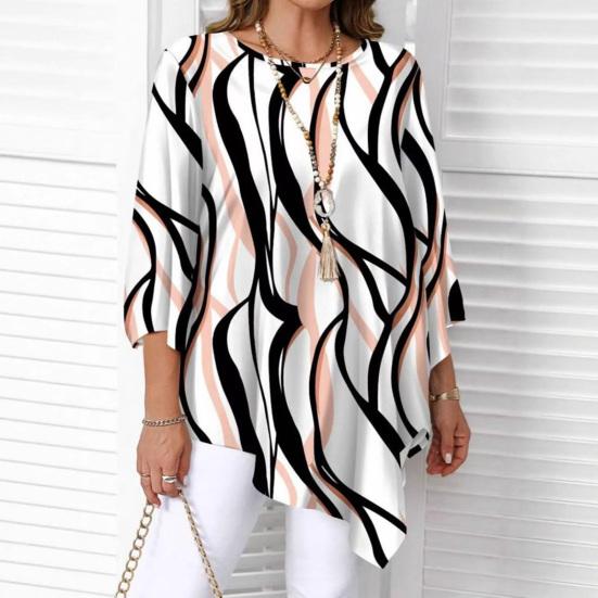 Women Tops Three-Quarter Sleeve Round Neck Abstract Print Tee Tops Loose