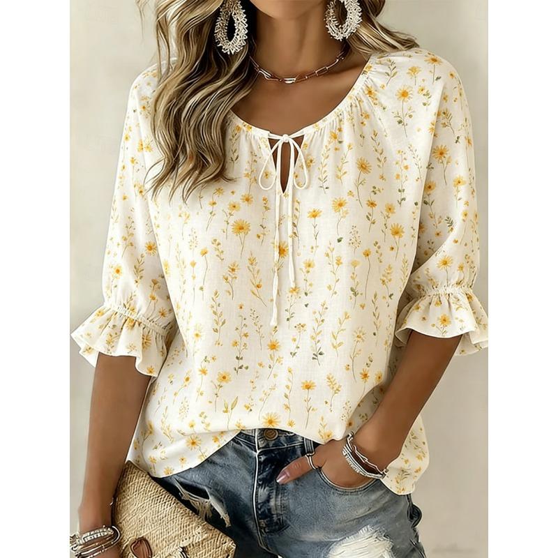 Women's White Ditsy Floral Print Tie Neck Blouse, Casual Loose Tops for Spring Summer Daily Wear Vacation Occasions