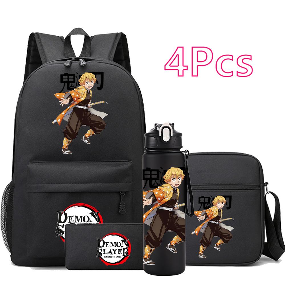 4 st/set Anime Demon Slayer Tryckt Ryggsäck Skolväska Axelväska Fodralväska med 750 ml Vattenflaska Pojke Flicka Stor Kapacitet Vattentät Skolväska