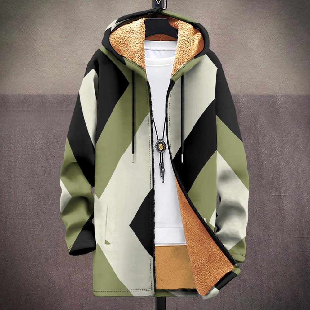 Nová bunda: vícebarevné vzorové prvky, kardigan s kapucí na zip, zateplené zimní oblečení s fleecovou podšívkou, žlutá podšívka, trendy bavlněné oblečení