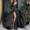 Deep V-Neck 45720 Sleeve Lace Splicing Waist Tight Mid-Rise Gown Dress Women Sequins