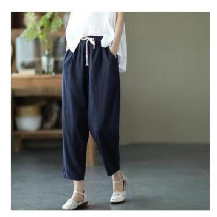 Solid Color Cotton and Linen Pants for Woman Vintage Loose Streetwear Harem Trousers Female Casual High Waist Drawstring Pants
