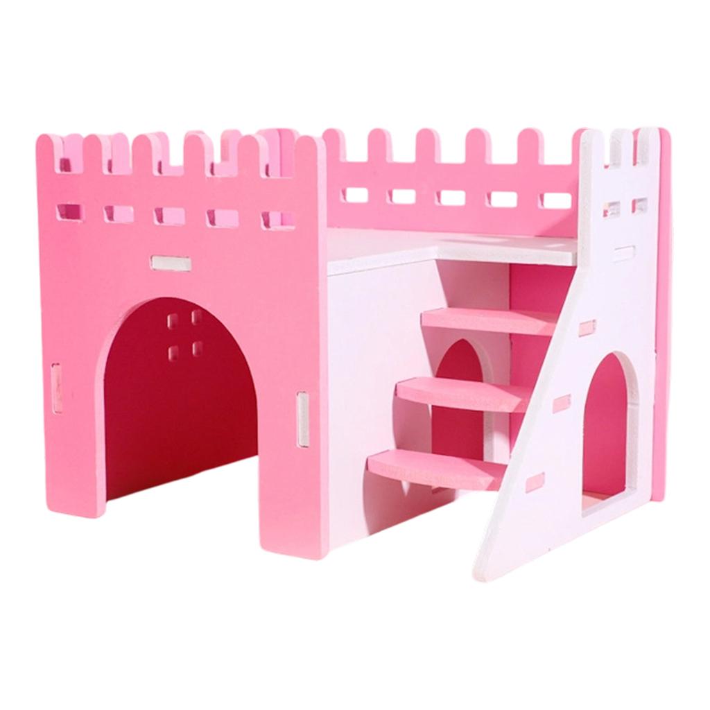 Small Animal Habitat Wooden Castle Style Pet House with Ladder and Fence for Hamsters Gerbils and Small Rodents Indoor Use