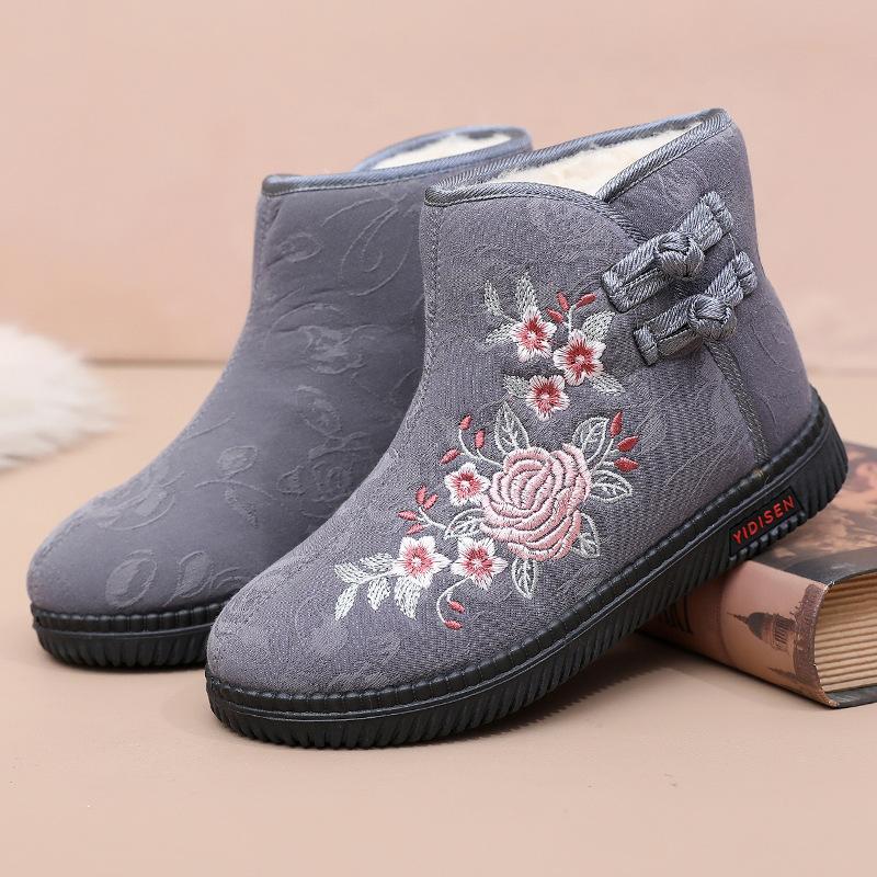 Winter Plus Velvet Warm Old Beijing Cloth Shoes Women's Vintage Ethnic Style Non-slip Soft-soled Embroidered Short Cotton Boots