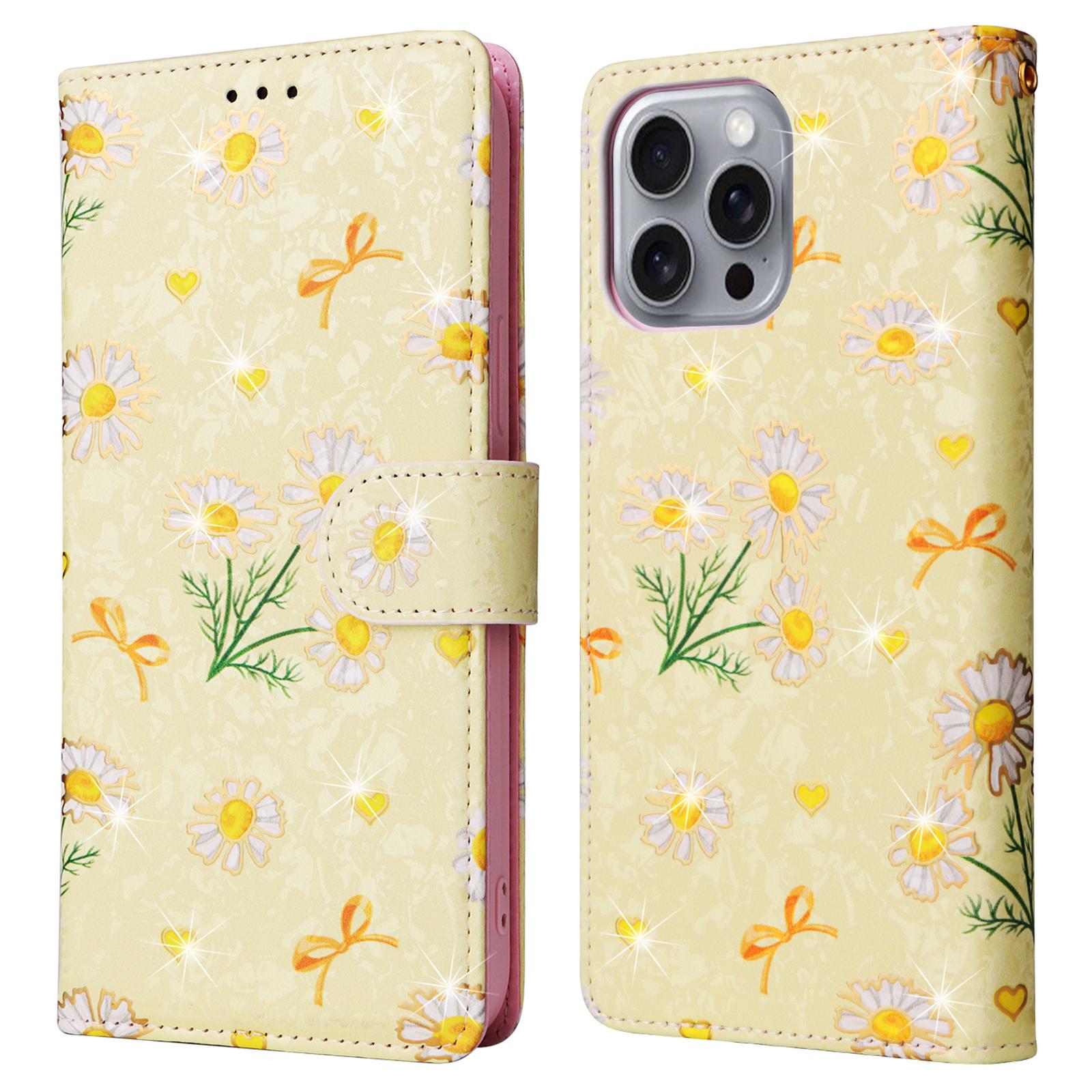 

For iPhone 16 Pro Max Cell Phone Case Lacquered RFID Blocking PU Leather Cover Yellow Daisy